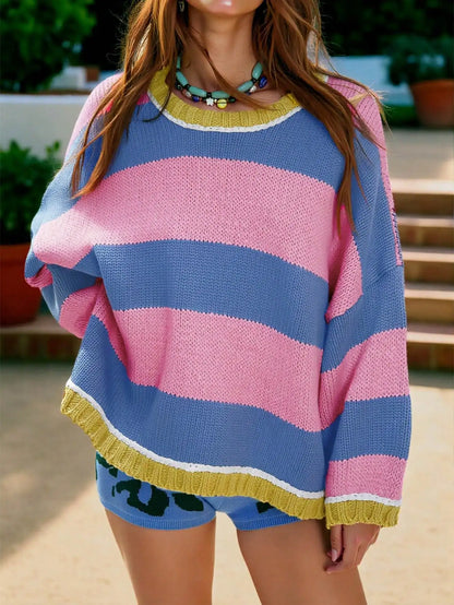 Women's Oversized Color Block Knit Sweater with Relaxed Fit for Cozy Everyday Style