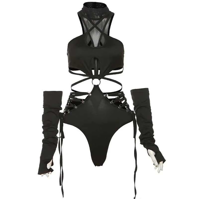 Cutout Mock Neck Bodysuit with Detachable Sleeve Style Alternative Fashion
