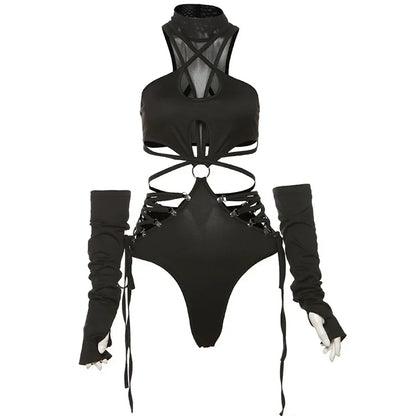 Cutout Mock Neck Bodysuit with Detachable Sleeve Style Alternative Fashion