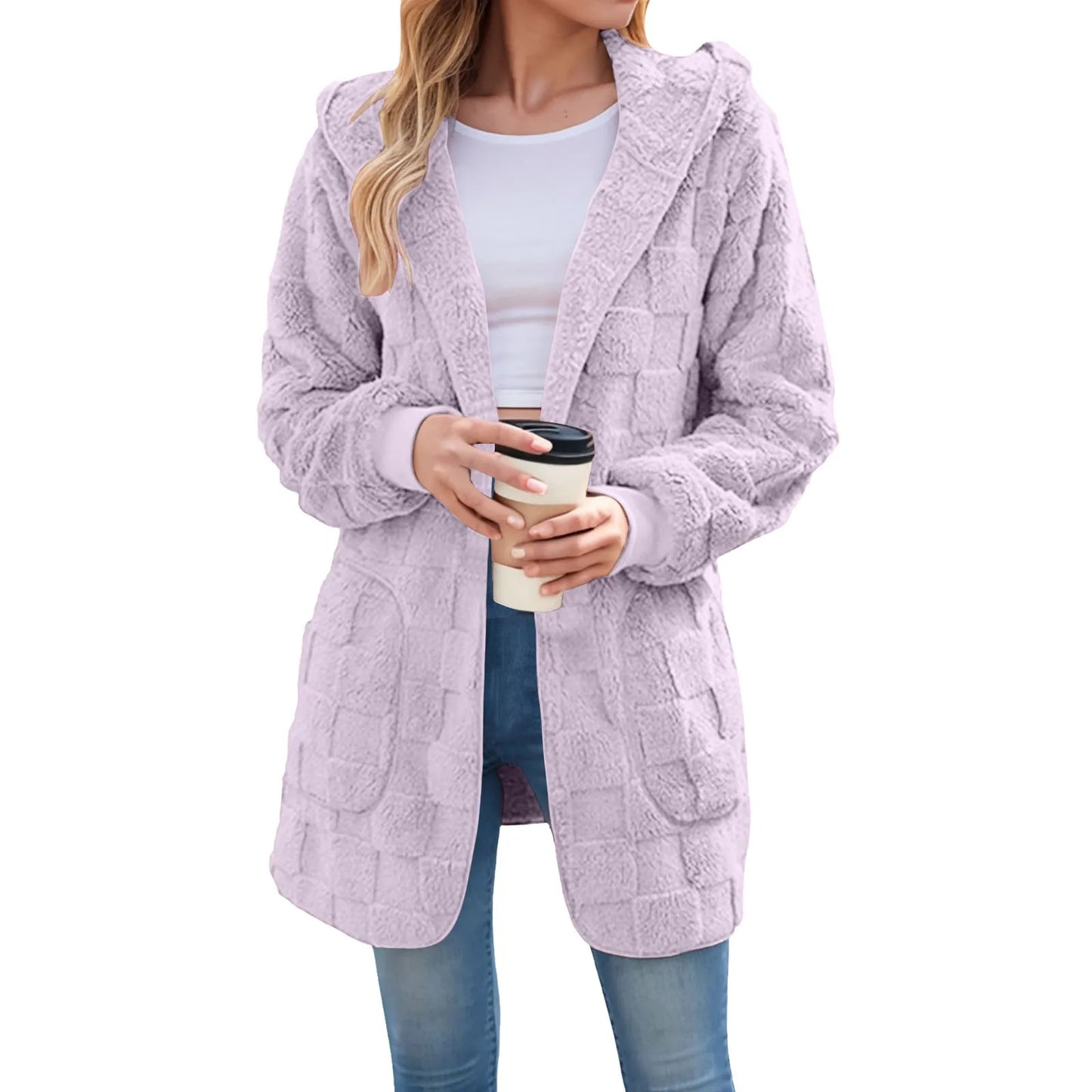 Women's Longline Hooded Plush Fleece Cardigan Jacket for Cozy Everyday Layering