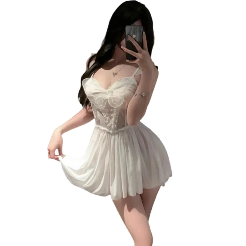 Ethereal Sheer Chiffon-Style Mini Nightgown with Intricate Lace Bodice
