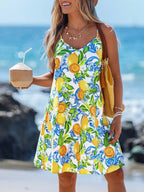 Fruit Print Spaghetti Strap Mini Dress with A-Line Summer Vacation Silhouette