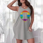 Plus-Size Women's Rainbow Sunset Cat Print Nightgown, Sleeveless V-Neck Knee-Length Sleep Dress, Soft Casual Loungewear in L–5XL