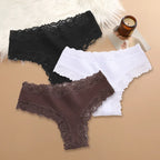Three-Piece Ribbed Cotton-Blend Bikini Panty Set with Scalloped Lace Trim