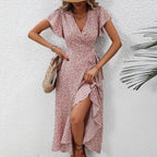 Printed Ruffle Hem Midi Dress with Relaxed A-Line Silhouette