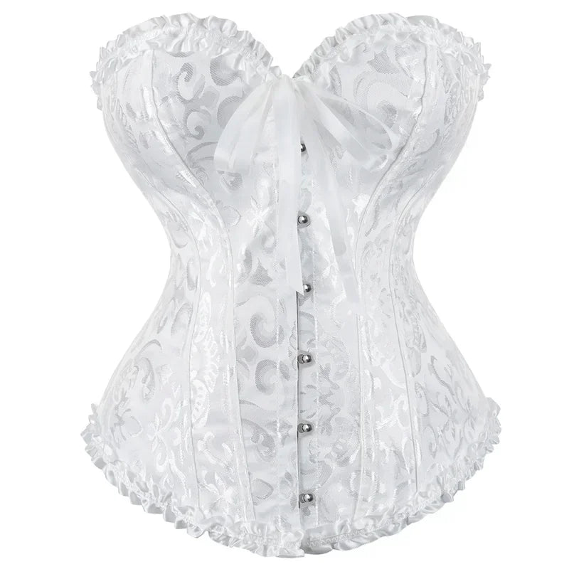 Vintage Floral Jacquard Corset Top with Sweetheart Neckline and Lace-Up Detail