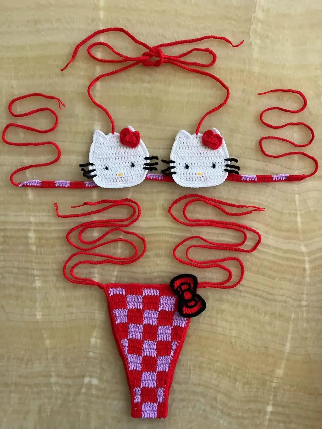 Hand-Crafted Crochet Halter Bikini Set with Whimsical Feline and Checkerboard Details