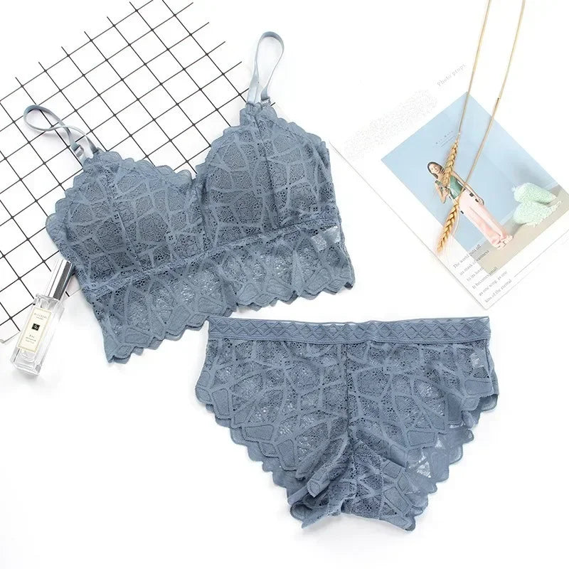 Scalloped Floral Lace Longline Camisole Bralette and Seamless Laser-Cut Brief Set
