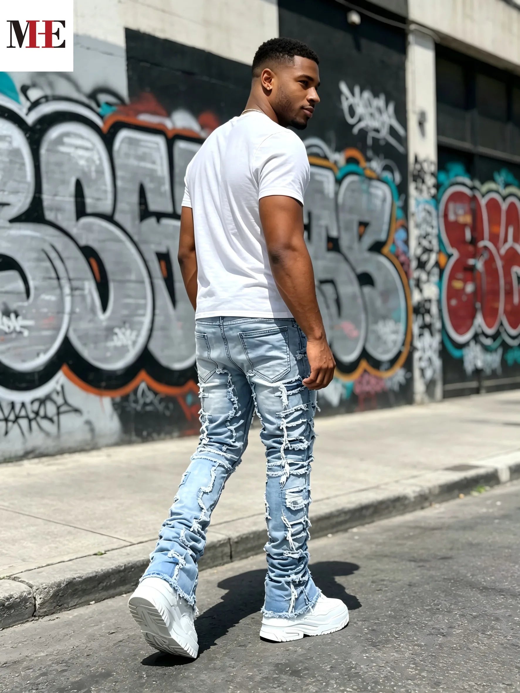 Men's Stacked Straight Denim Jeans with Frayed Distressed Details and Vintage Streetwear Fit