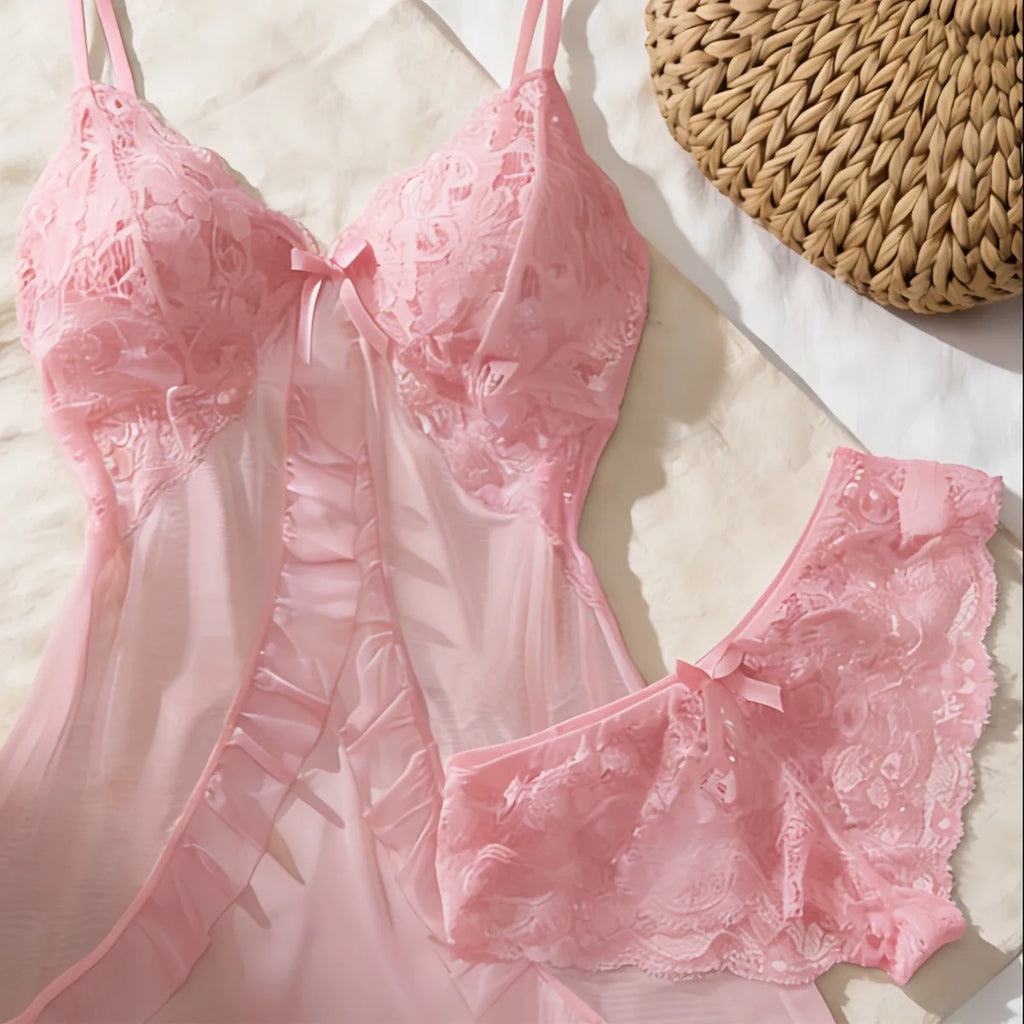 Deep Red Satin-Finish Chemise with Lace Neckline and Matching Ruffled Panty