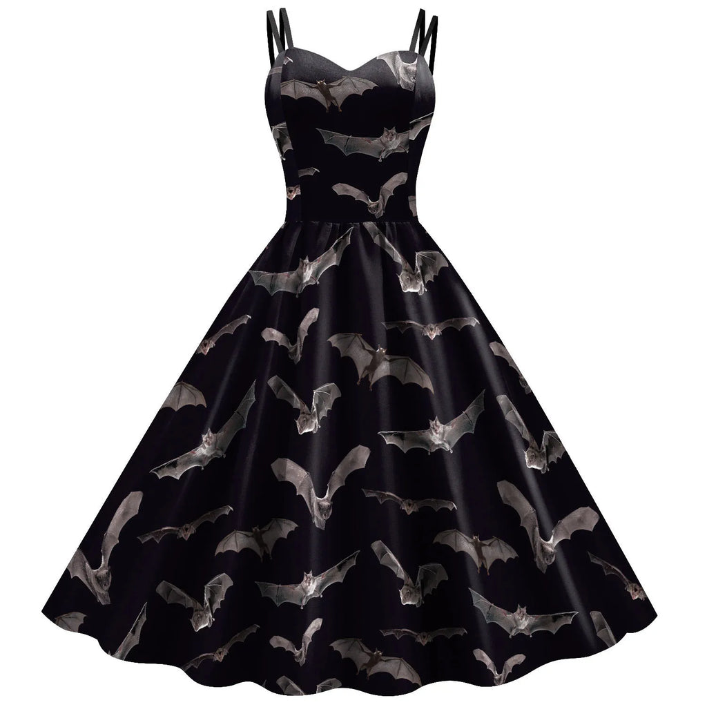 Retro 1950s Swing Dress with Sweetheart Neckline and Bat Print Motif