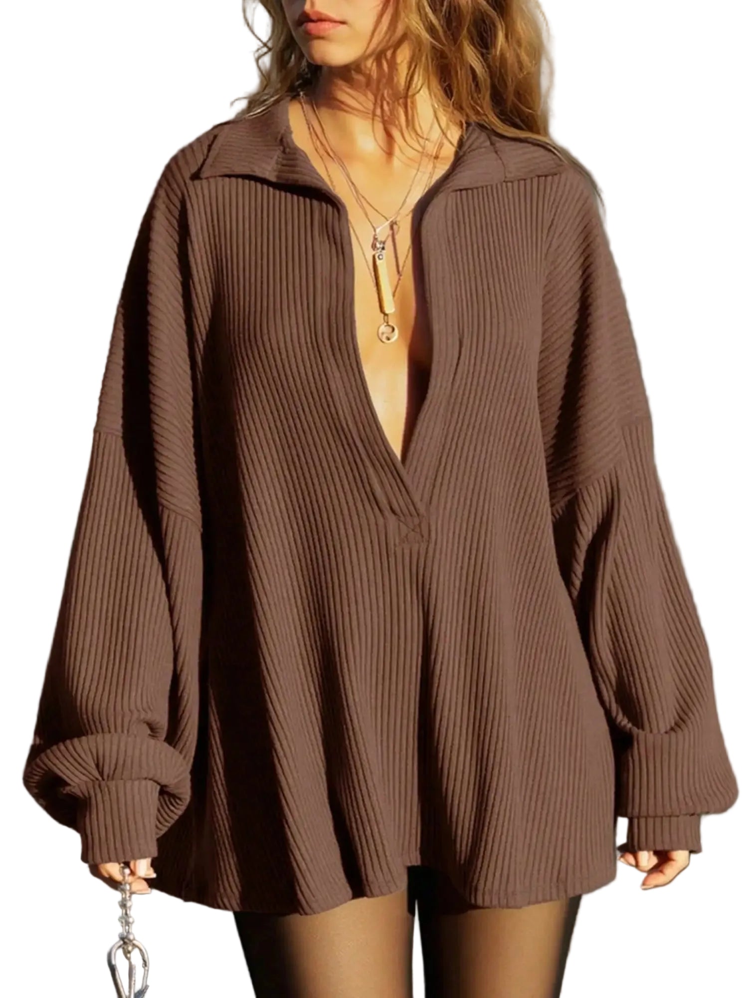 Deep V-Neck Oversized Knit Top with Relaxed Long Sleeve Streetwear Styling
