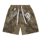 Men's Loose Graphic Print Drawstring Sports Shorts with Distressed Streetwear Inspired Design