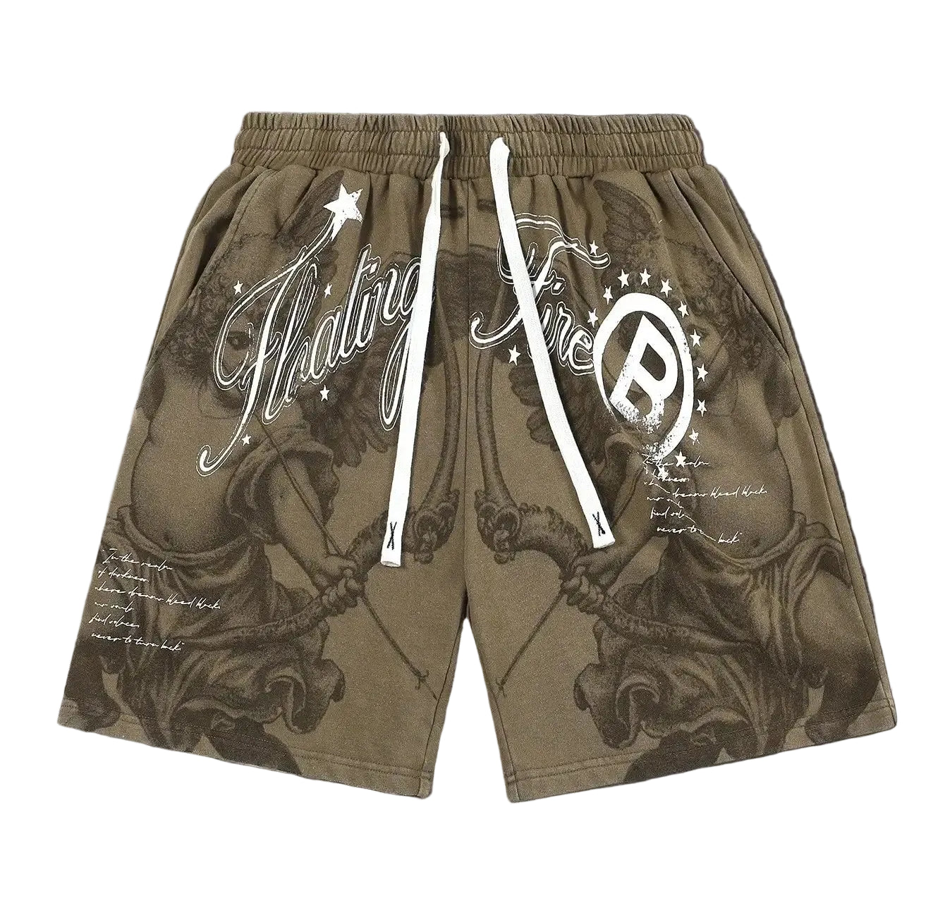 Men's Loose Graphic Print Drawstring Sports Shorts with Distressed Streetwear Inspired Design