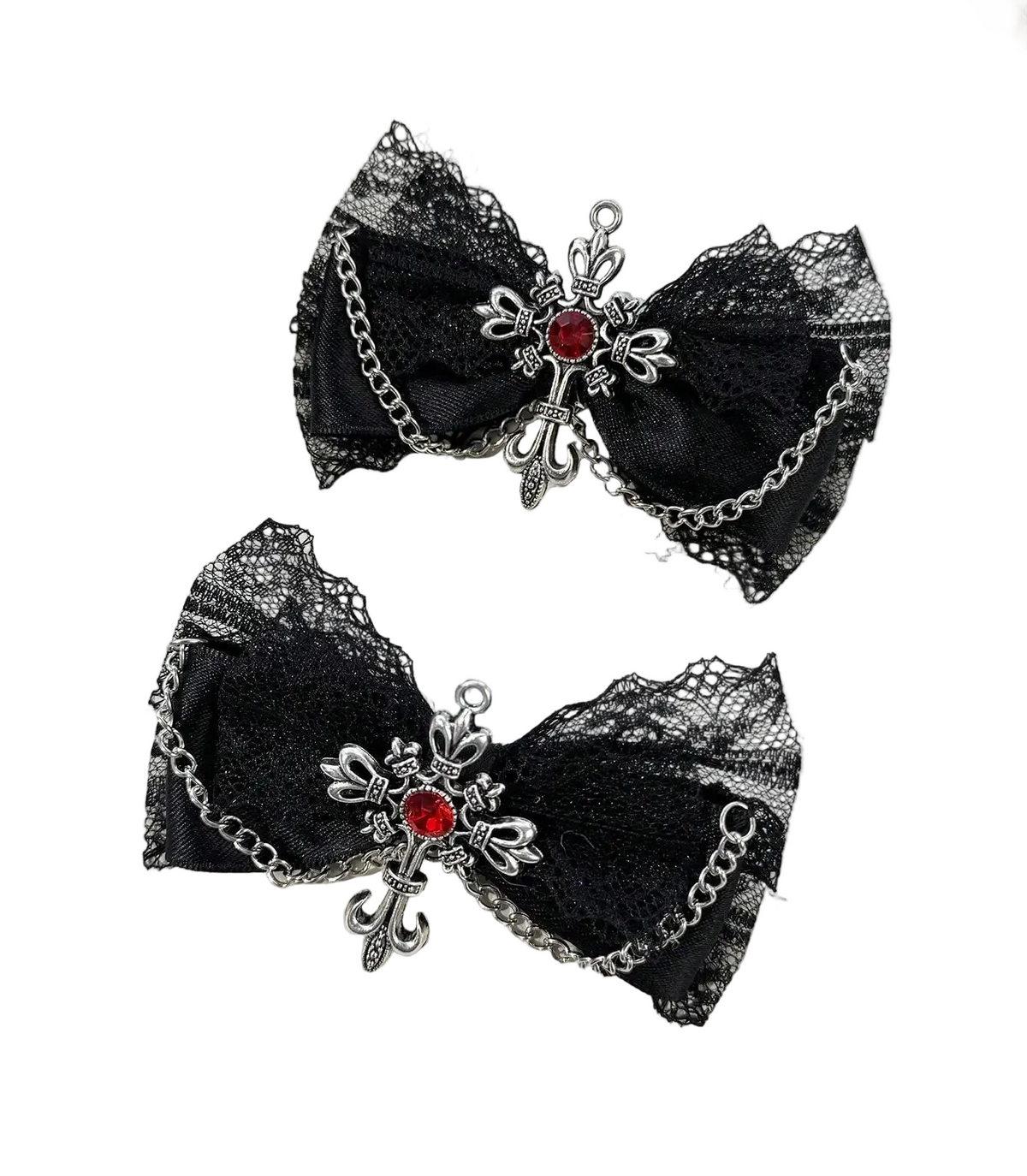 Gothic Lace Bow Hair Clips With Cross Chain Statement Accents