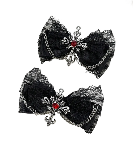 Gothic Lace Bow Hair Clips With Cross Chain Statement Accents