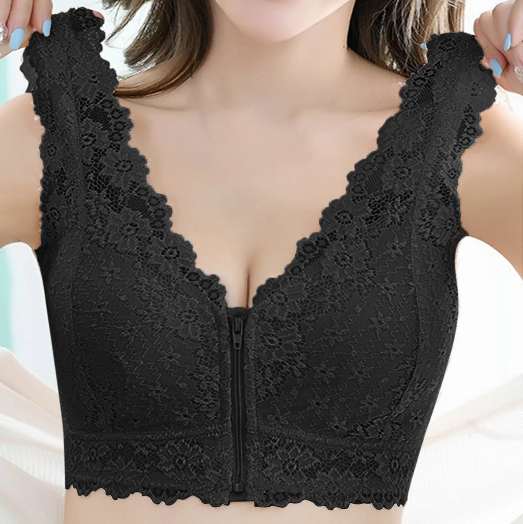 Romantic Plum Floral Lace Plunge Bra with Front Zipper Closure