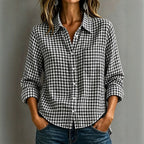 Relaxed Blue and White Gingham Button-Down Shirt with Lapel Collar and Chest Pocket