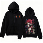 Anime-Inspired Manga Streetwear Zip Hoodie with Fierce Warrior Graphic