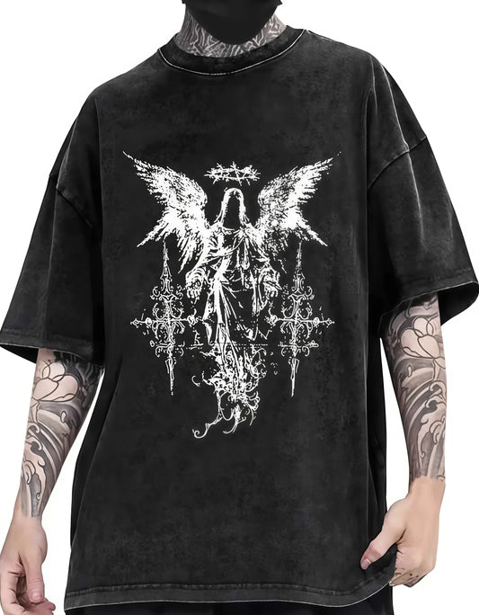 Dark Anime Fallen Angel Graphic T-Shirt with Gothic Streetwear Artwork