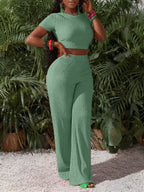 Women's Knit Crop Top and Wide Leg Pants Co-Ord Set