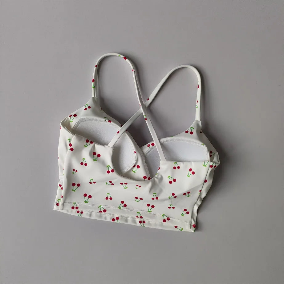 Playful Cherry Print Longline Sports Bra with Criss-Cross Open Back