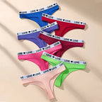 7-Piece Women’s Cotton Low-Rise Thong Panties Set with Striped Side Details, Minimal T-Back Silhouette and Assorted Black Designs