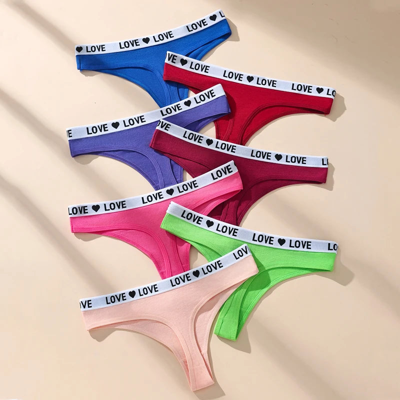 7-Piece Women’s Cotton Low-Rise Thong Panties Set with Striped Side Details, Minimal T-Back Silhouette and Assorted Black Designs