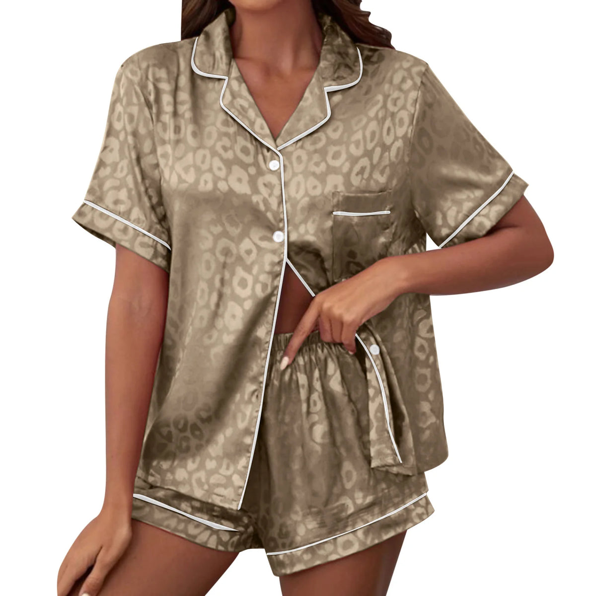 Sophisticated Subtle Leopard Print Button-Down Pajama Set with Contrast Piping