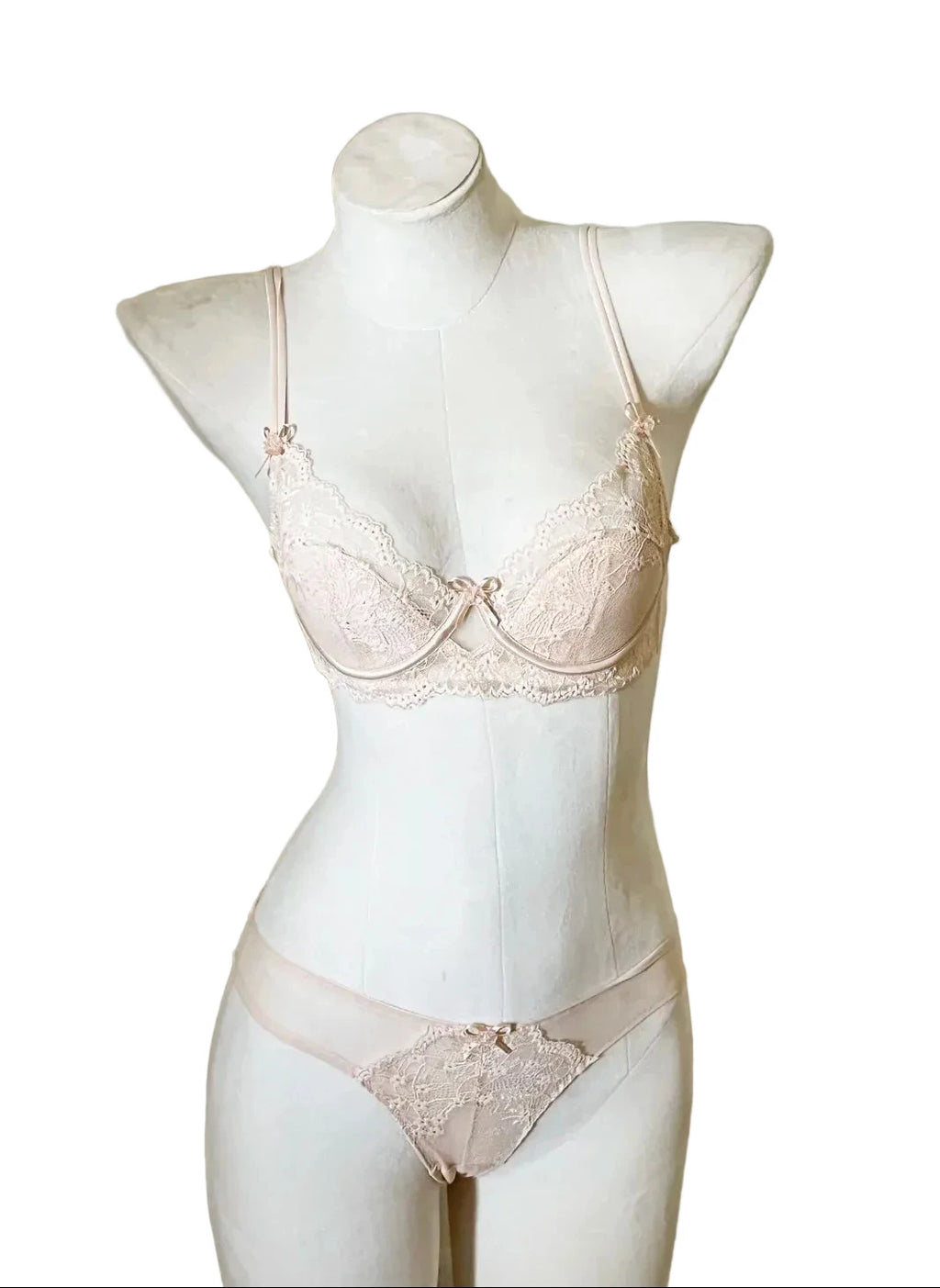French Eyelash Lace Balconette Demi Bra and Sheer Low-Rise Hipster Panty Set