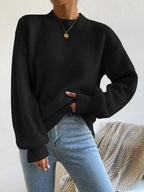 Women's Mock Neck Drop Shoulder Knit Sweater with Relaxed Oversized Silhouette