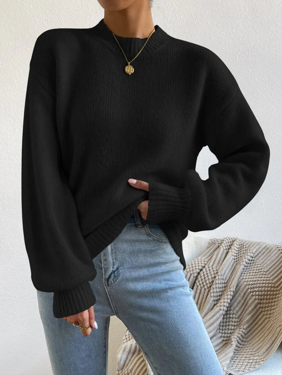 Women's Mock Neck Drop Shoulder Knit Sweater with Relaxed Oversized Silhouette