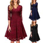 Deep V-Neck Lace Detail Fit and Flare Dress with Half Sleeves
