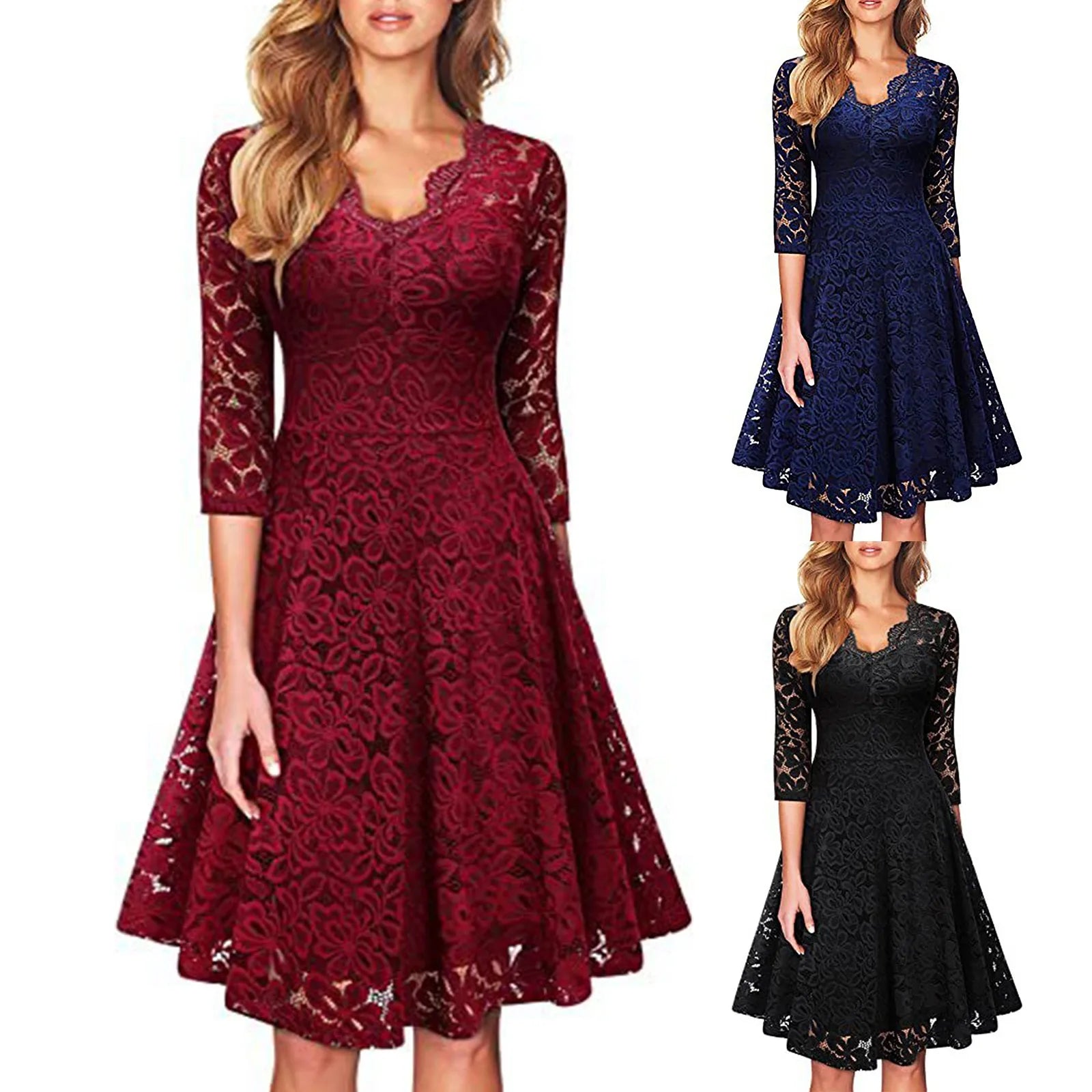 Deep V-Neck Lace Detail Fit and Flare Dress with Half Sleeves