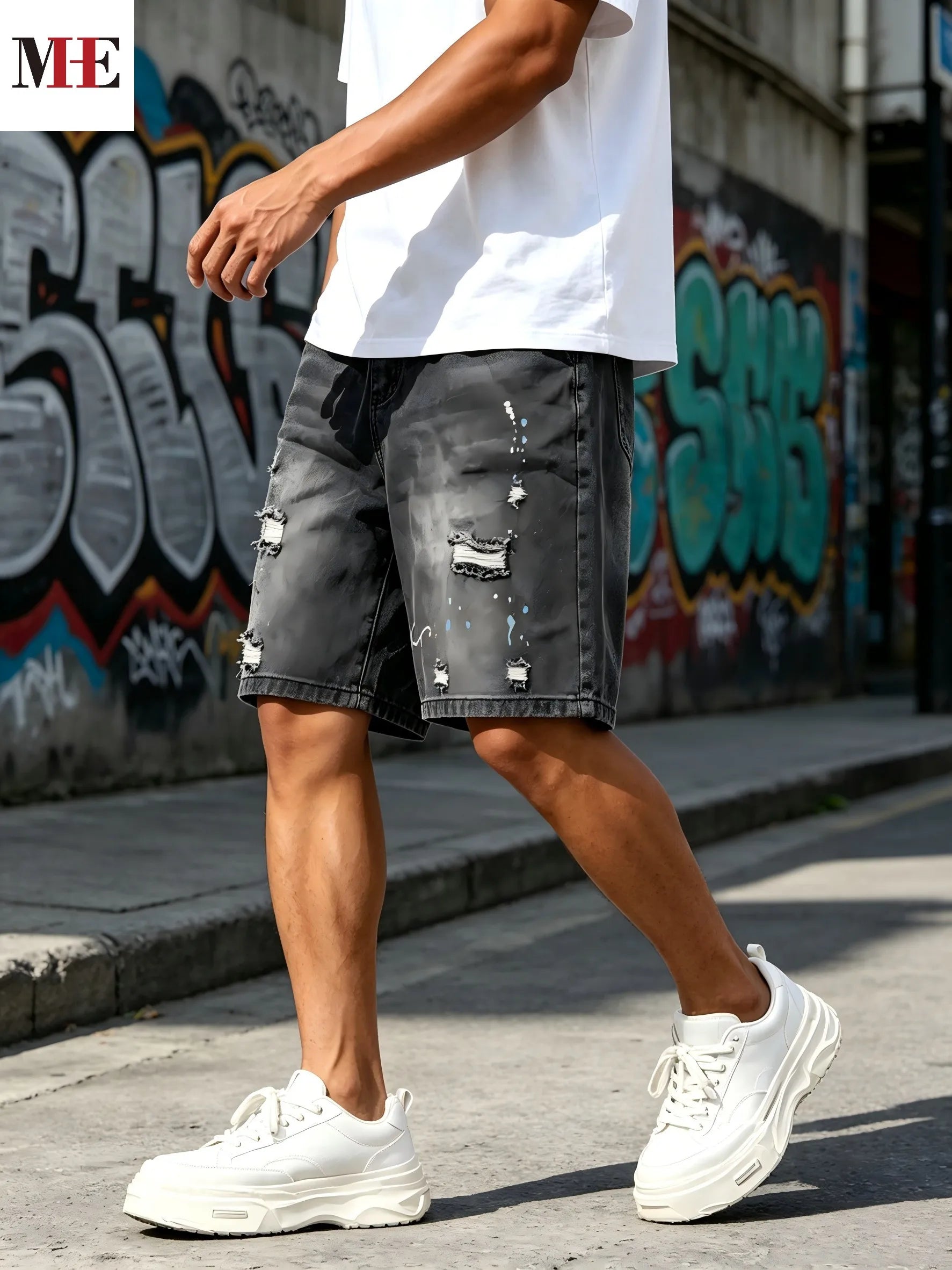 Men's Loose Fit Denim Shorts with Distressed Finish and Knee Length Casual Design