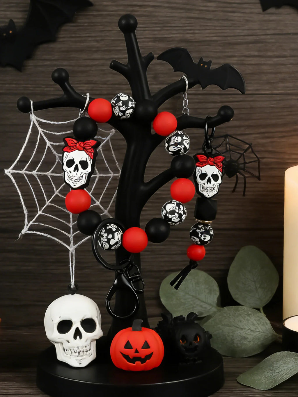 Skull Charm Beaded Keychain Bracelet Set for Gothic Alternative Styling