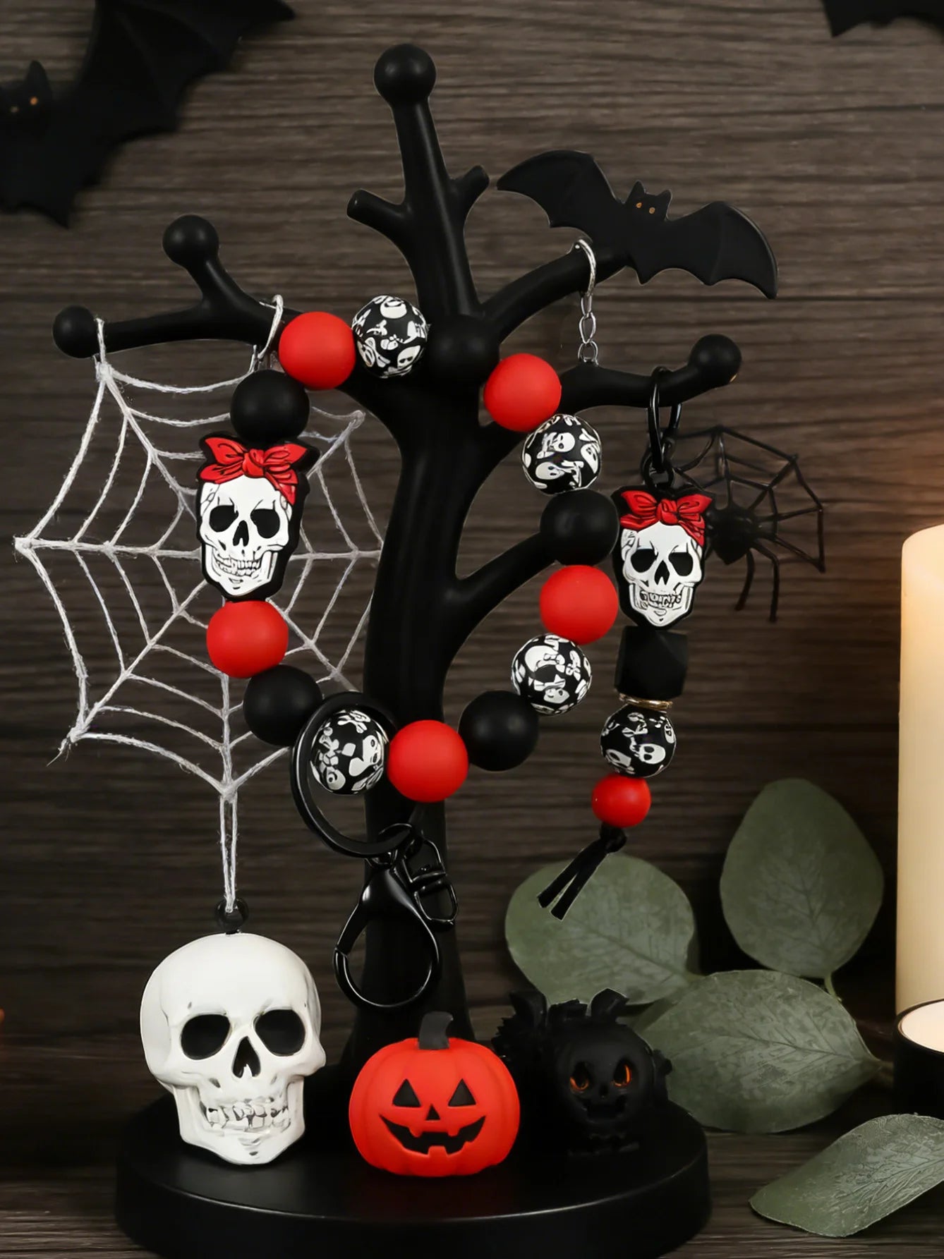 Skull Charm Beaded Keychain Bracelet Set for Gothic Alternative Styling