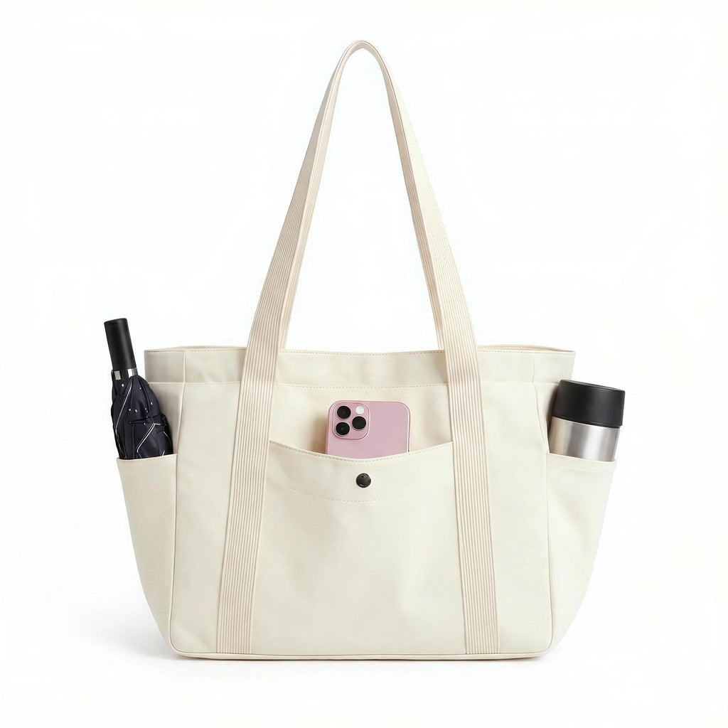 Multi Pocket Canvas Tote Shoulder Bag with Zip Closure Design