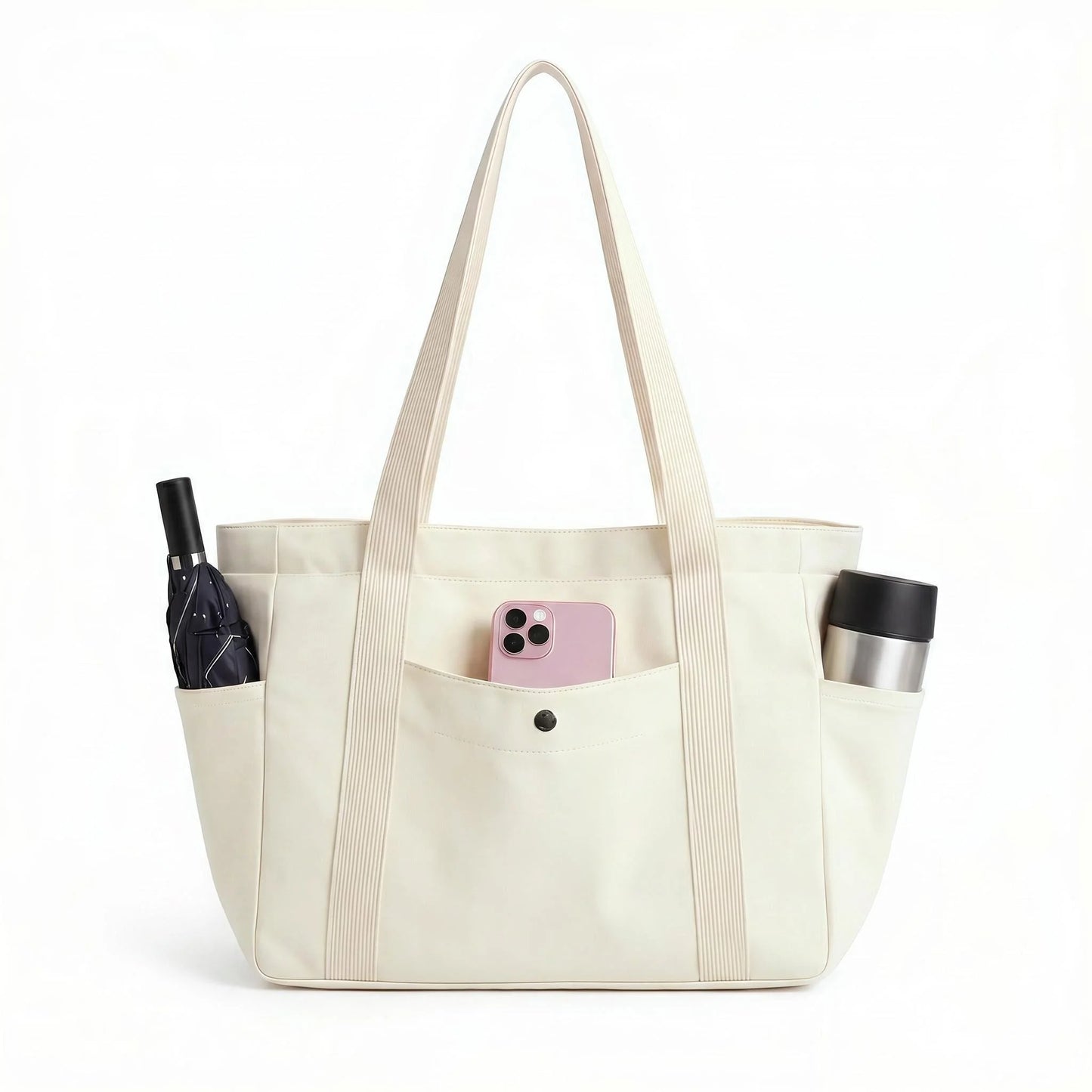 Multi Pocket Canvas Tote Shoulder Bag with Zip Closure Design
