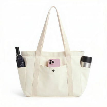 Multi Pocket Canvas Tote Shoulder Bag with Zip Closure Design