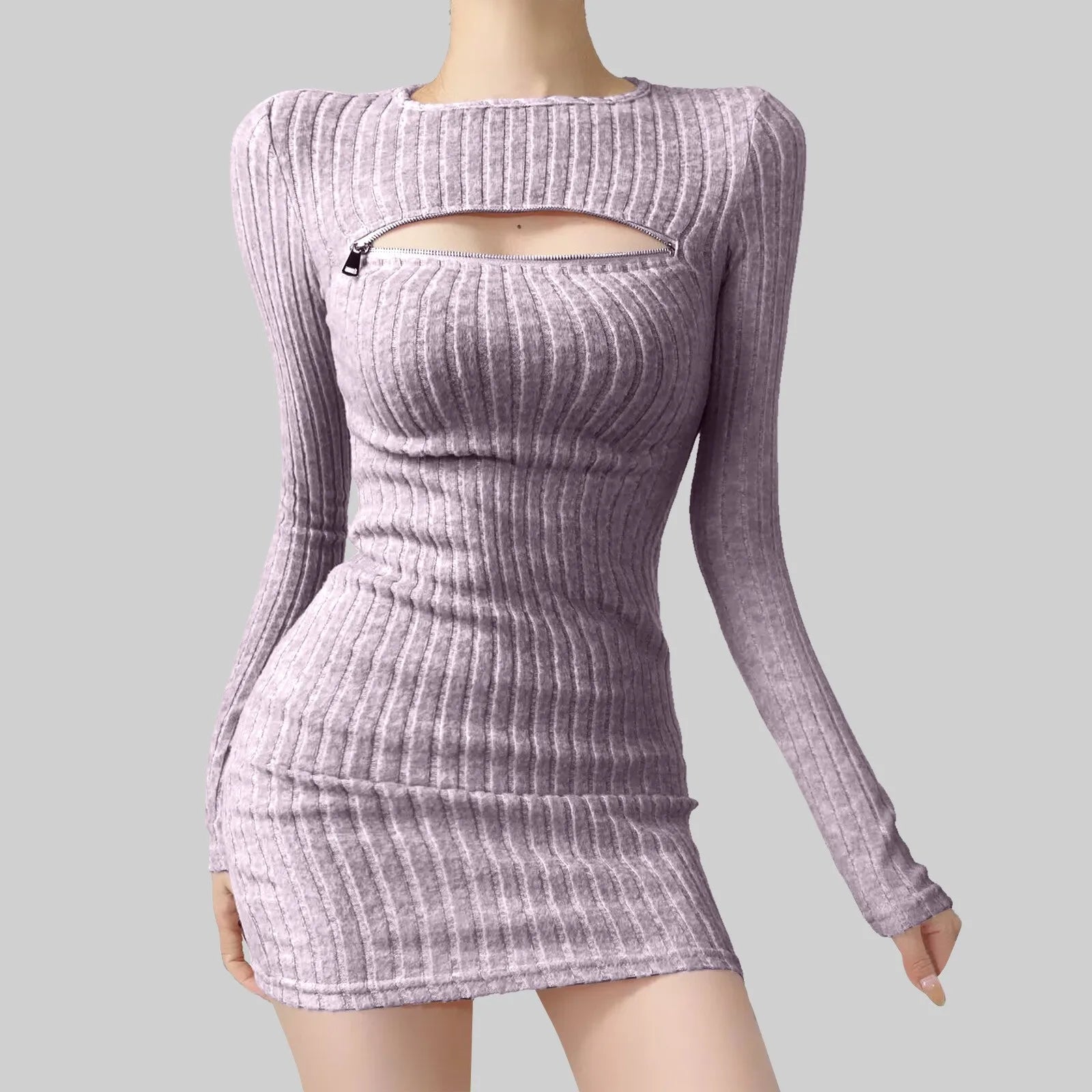 Ribbed Long Sleeve Sweater Mini Dress with Cutout Detail Contemporary Style