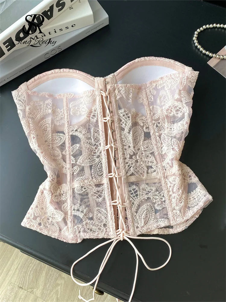 Romantic Light Pink Sheer Lace Strapless Corset with Floral Embroidery and Tie Detailing