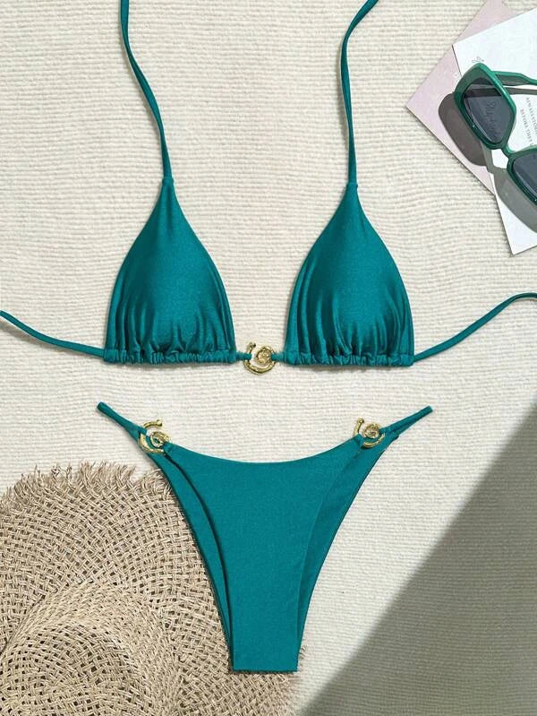 Rich Teal Triangle Bikini with Delicate Metallic Ring Details