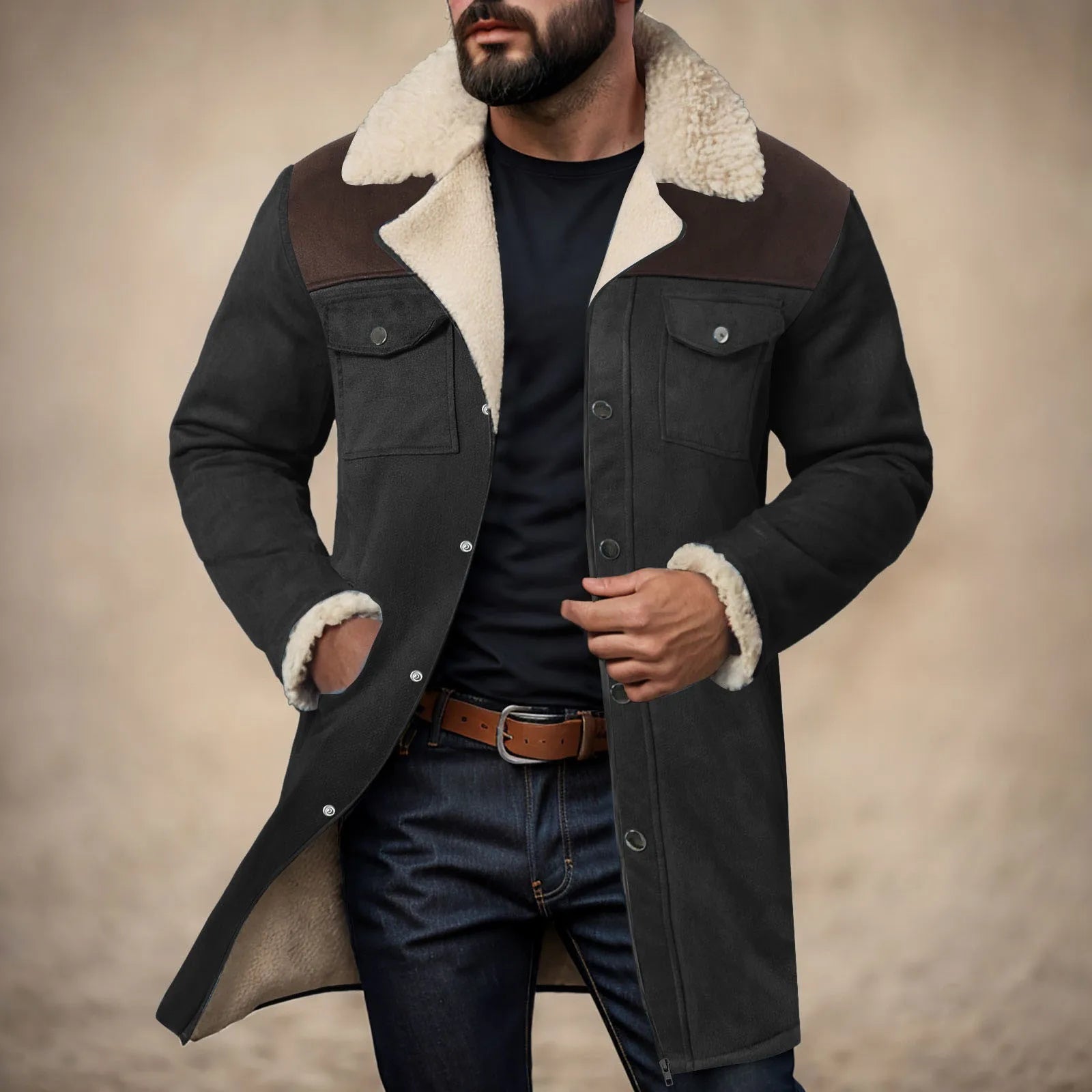 Men's Mid-Length Faux Suede Sherpa Collar Jacket with Utility Pockets for Vintage Streetwear Style