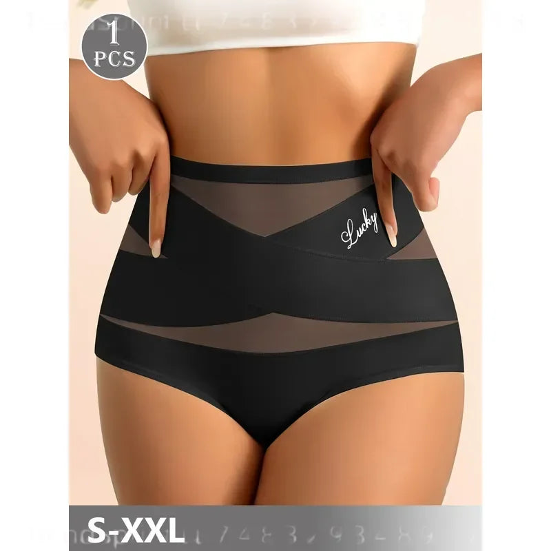High-Waisted Geometric Mesh Panel Brief with Solid Base