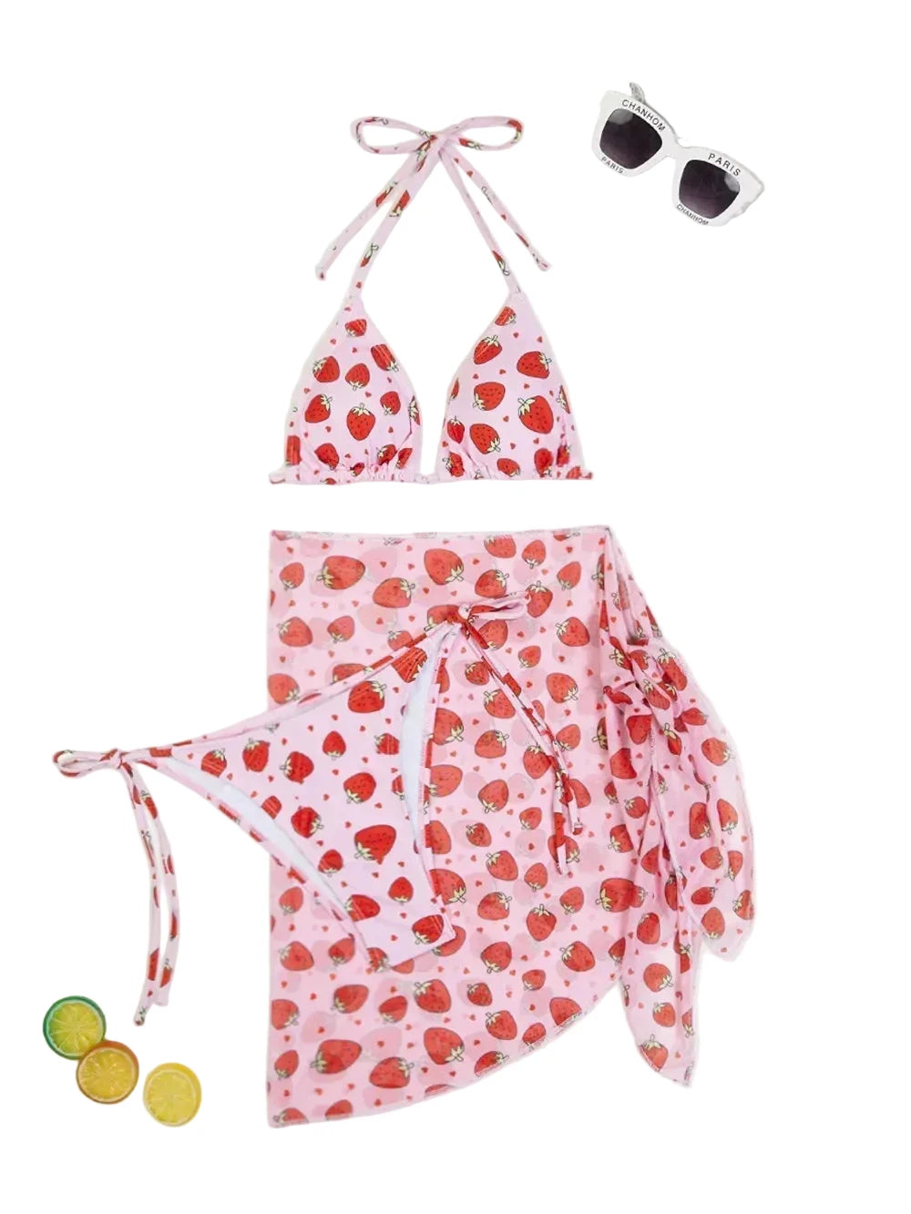 Three-Piece Strawberry Print String Bikini Set with Sheer Wrap Skirt