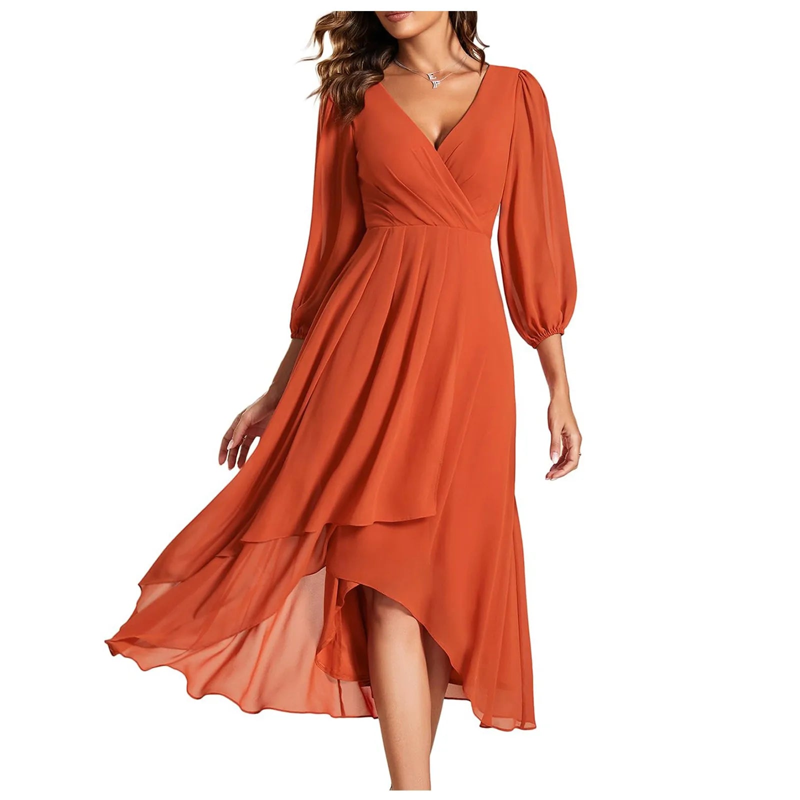 Long Sleeve Wrap Midi Dress with Ruffle Hem and Flowing Chiffon Layers