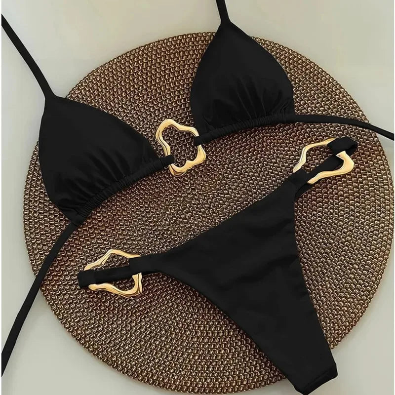 Crisp White Triangle String Bikini with Wavy Metallic Ring Hardware