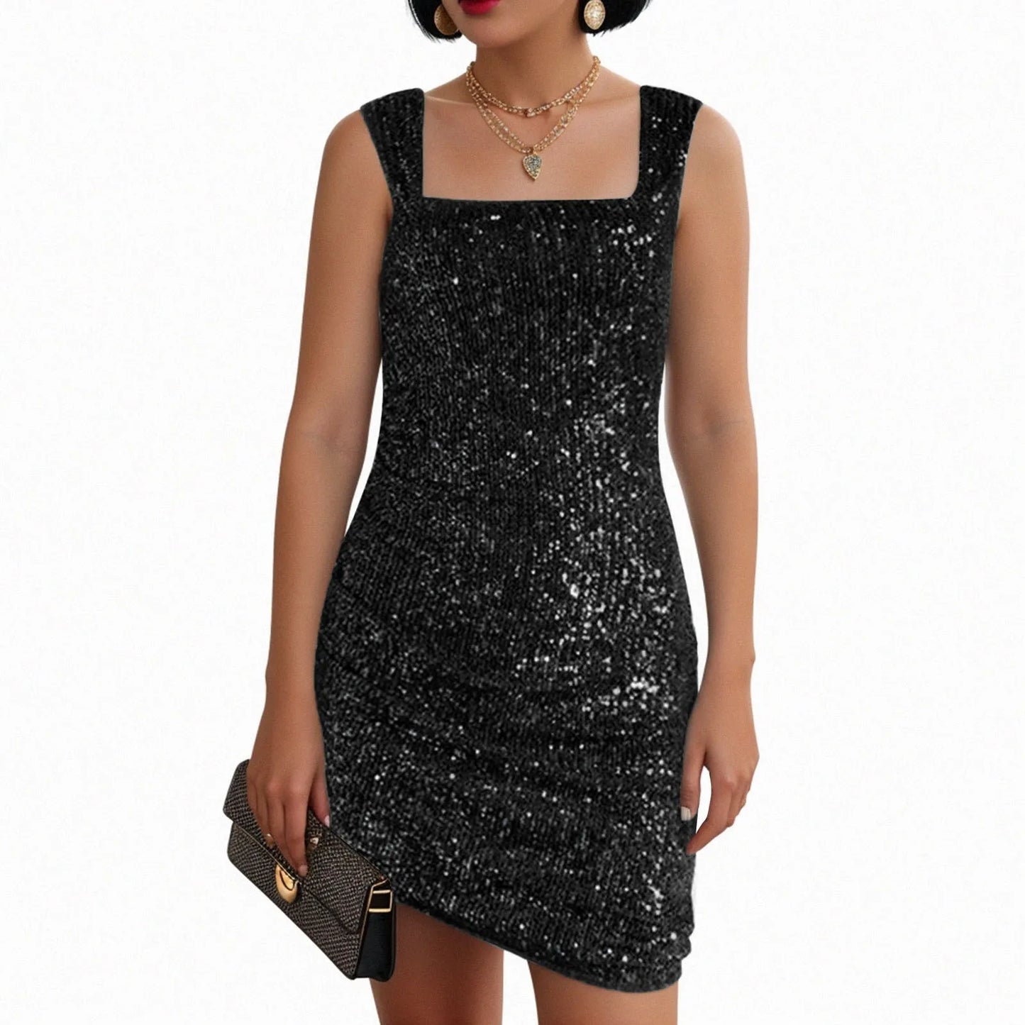 Sparkle Sequin Bodycon Mini Dress with Square Neckline and Sleek Party Fit