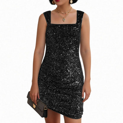 Sparkle Sequin Bodycon Mini Dress with Square Neckline and Sleek Party Fit